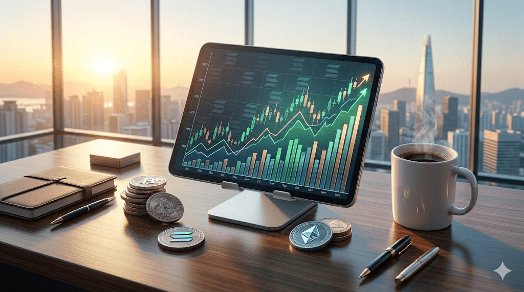 세련된 고층 빌딩 사무실에서 유리창 너머로 디지털 도시 전경을 바라보며 놓인 태블릿 속 솔라나 대시보드]