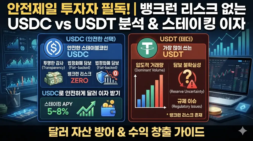 안전제일 투자자 필독, 뱅크런 리스크 없는 usdc usdt 차이 분석 및 달러 자산으로 usdc 스테이킹 이자 먹는 법