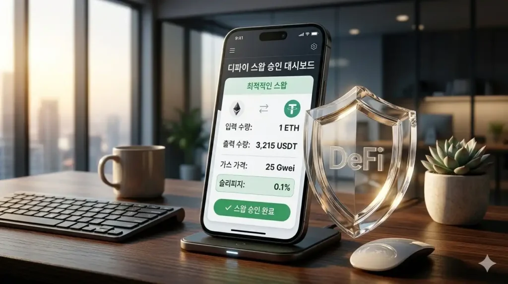 고급스러운 다크 오크 데스크 위, 스마트폰 화면에 완벽하게 정산된 0.1% 슬리피지 스왑 승인 대시보드와 투명한 크리스탈 방패 오브제가 조화를 이루며 세련되게 연출된 모습