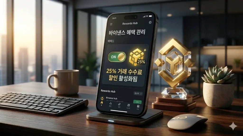 아침 햇살이 은은하게 비치는 모던한 오피스 데스크 위, 스마트폰 화면에 바이낸스 25% 수수료 할인 활성화 토글 스위치와 황금빛 BNB 로고가 세련되게 표시된 전경